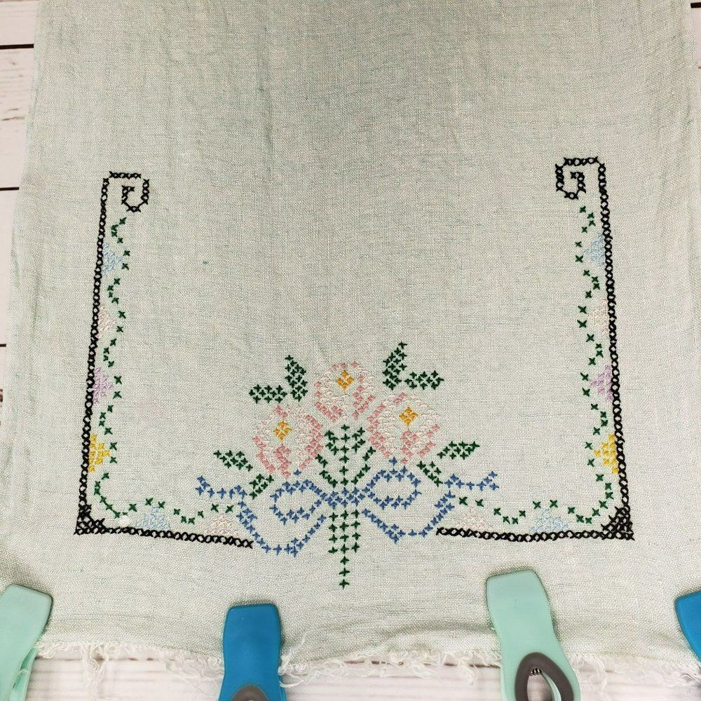 Vintage Dresser Scarf Table Runner Floral Handmade Hand Stitched Fringe Green